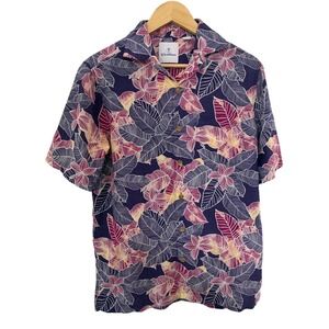 Caribbean Floral Print Short Sleeve Button Up Shirt Women Size S Navy Aloha
